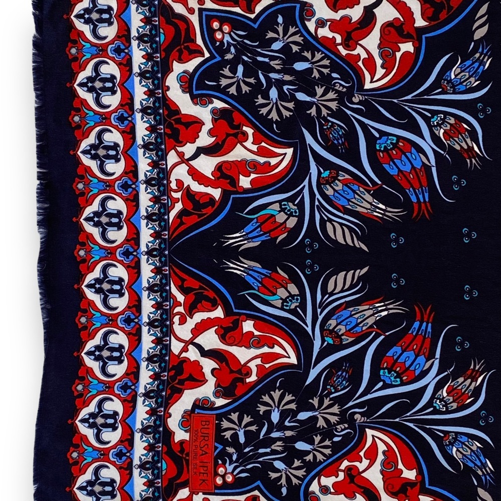 Bursa Ipek 100% Pure Silk Foulard Scarf Turkish Motif Design Red Blue White - Picture 7 of 9